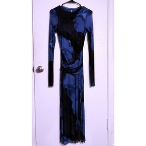Free People Sunnei Blue Black Watercolor Mesh Twist Waist Maxi Dress S